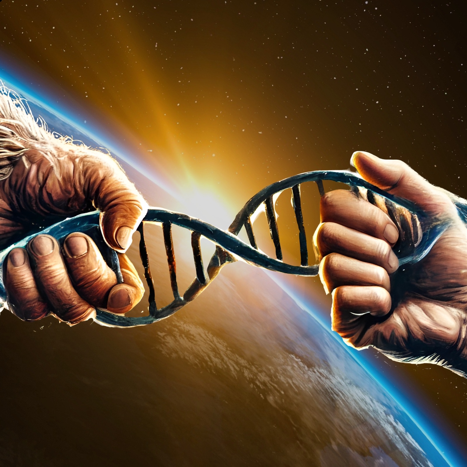 Deux mains tenant une double hélice d’ADN au-dessus de la Terre, illustration de L’Ancêtre